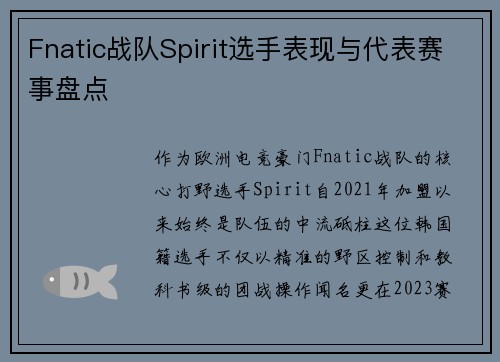 Fnatic战队Spirit选手表现与代表赛事盘点